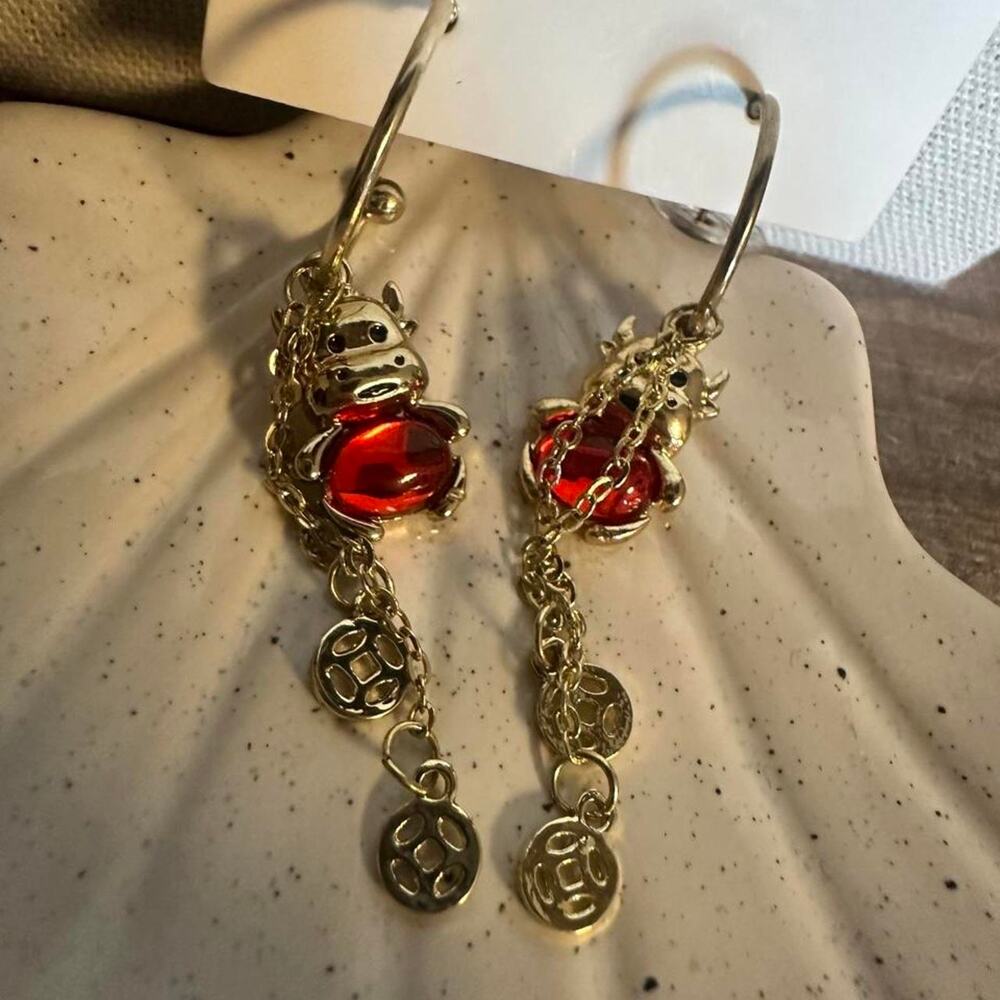 Betsy Johnson red & gold earrings with red gemstones and dangling chains
